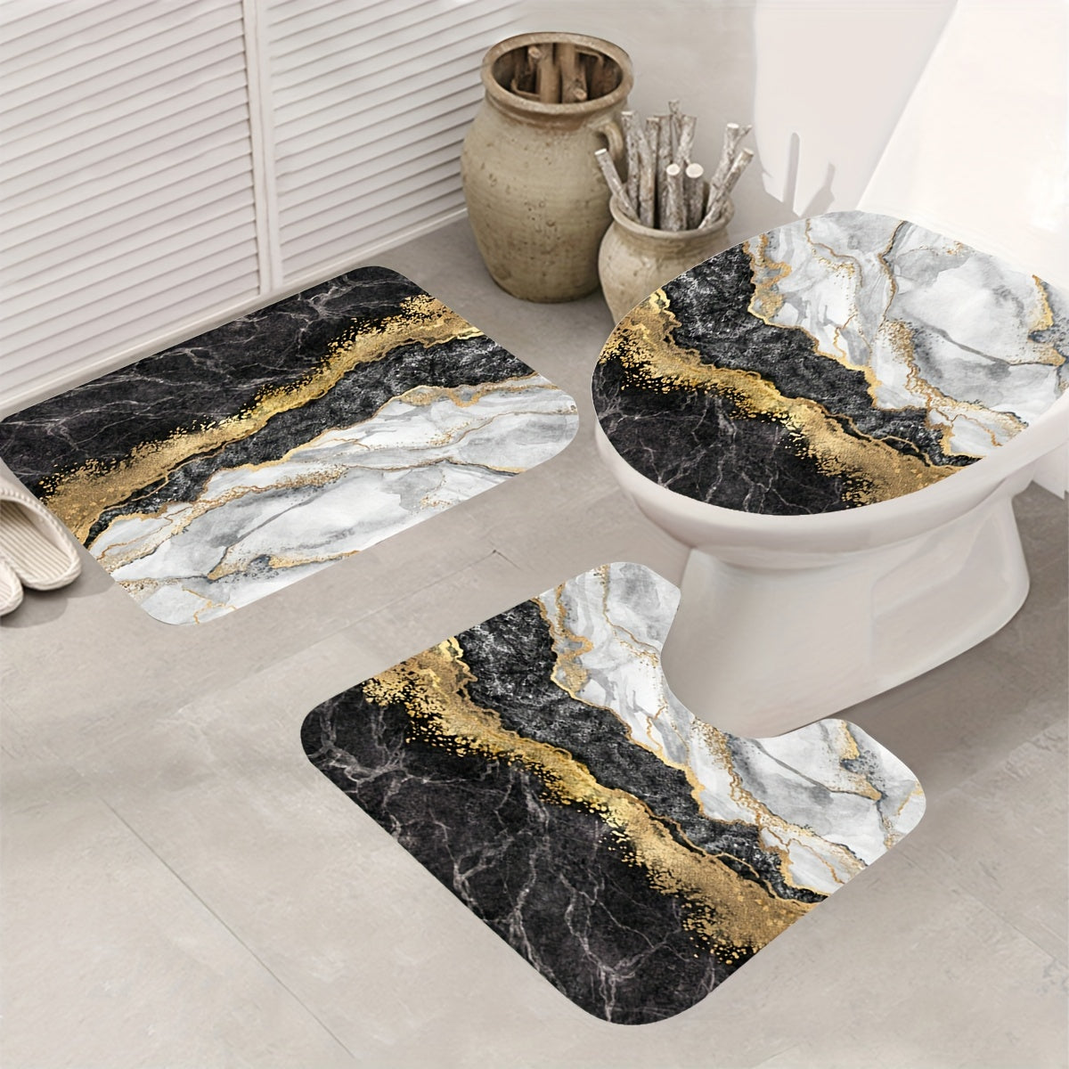 Waterproof Marble Shower Curtain with Rug & Mat Set