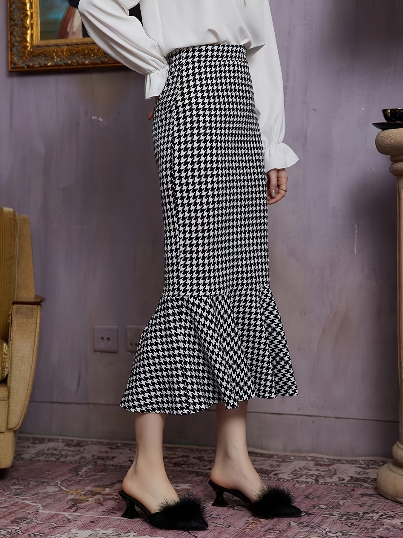 Houndstooth Mermaid Skirts Bodycon Slim Casual Maxi Skirts