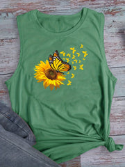 Sunflower & Butterfly Tank Top Sleeveless Crew Neck Casual Top