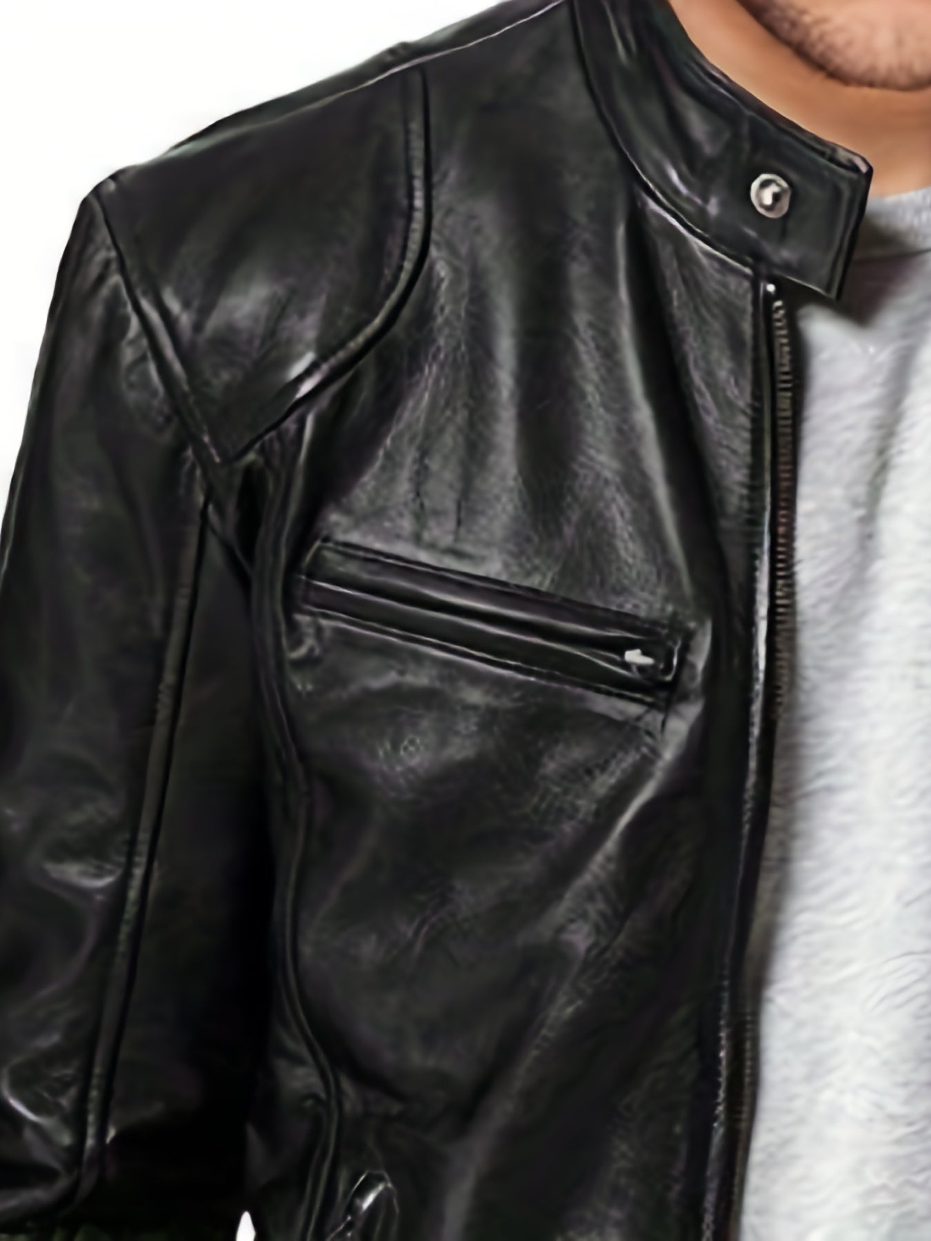 Men's Casual Solid Zip Up Stand Collar Faux Leather Jacket