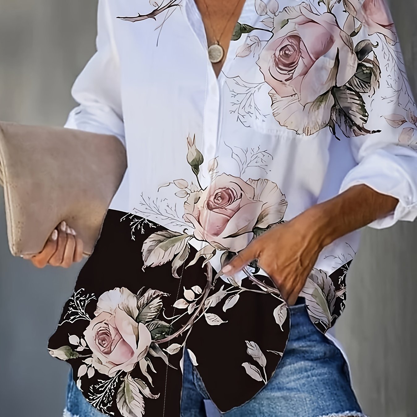  Colorblock Floral Print Long Sleeve Blouse