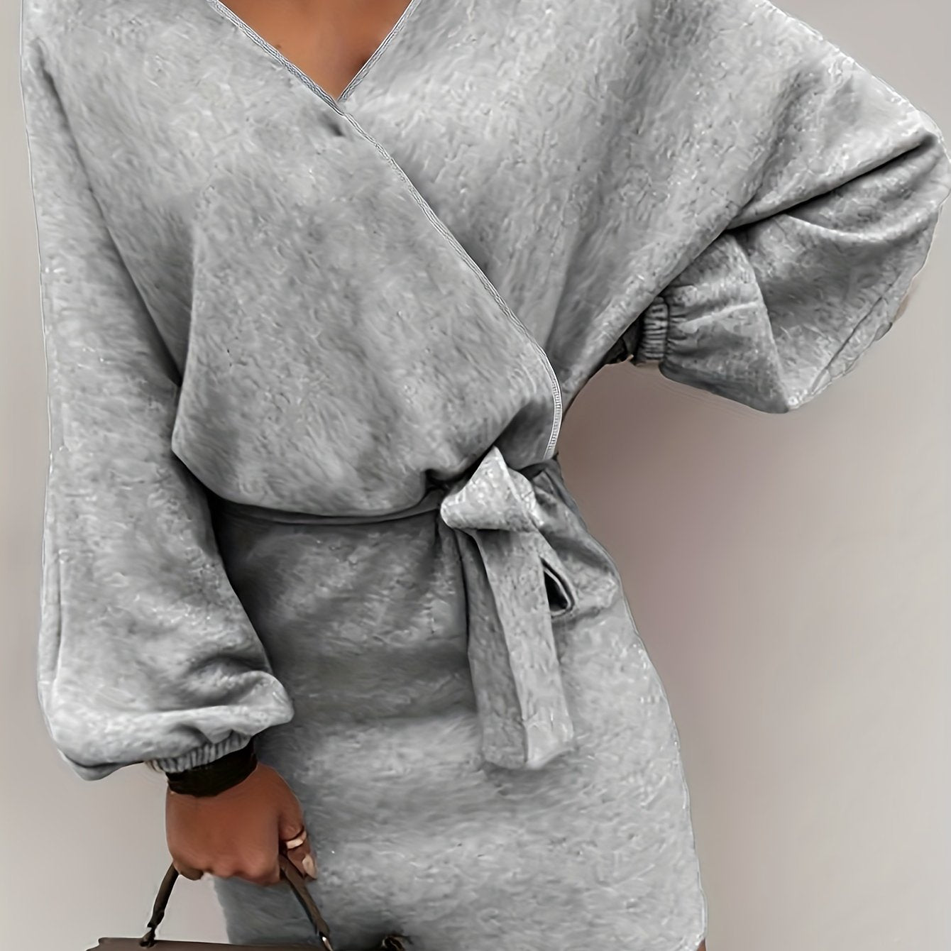  Solid Lantern Sleeve Mini Belted Dress