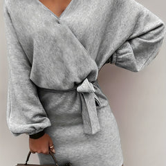  Solid Lantern Sleeve Mini Belted Dress