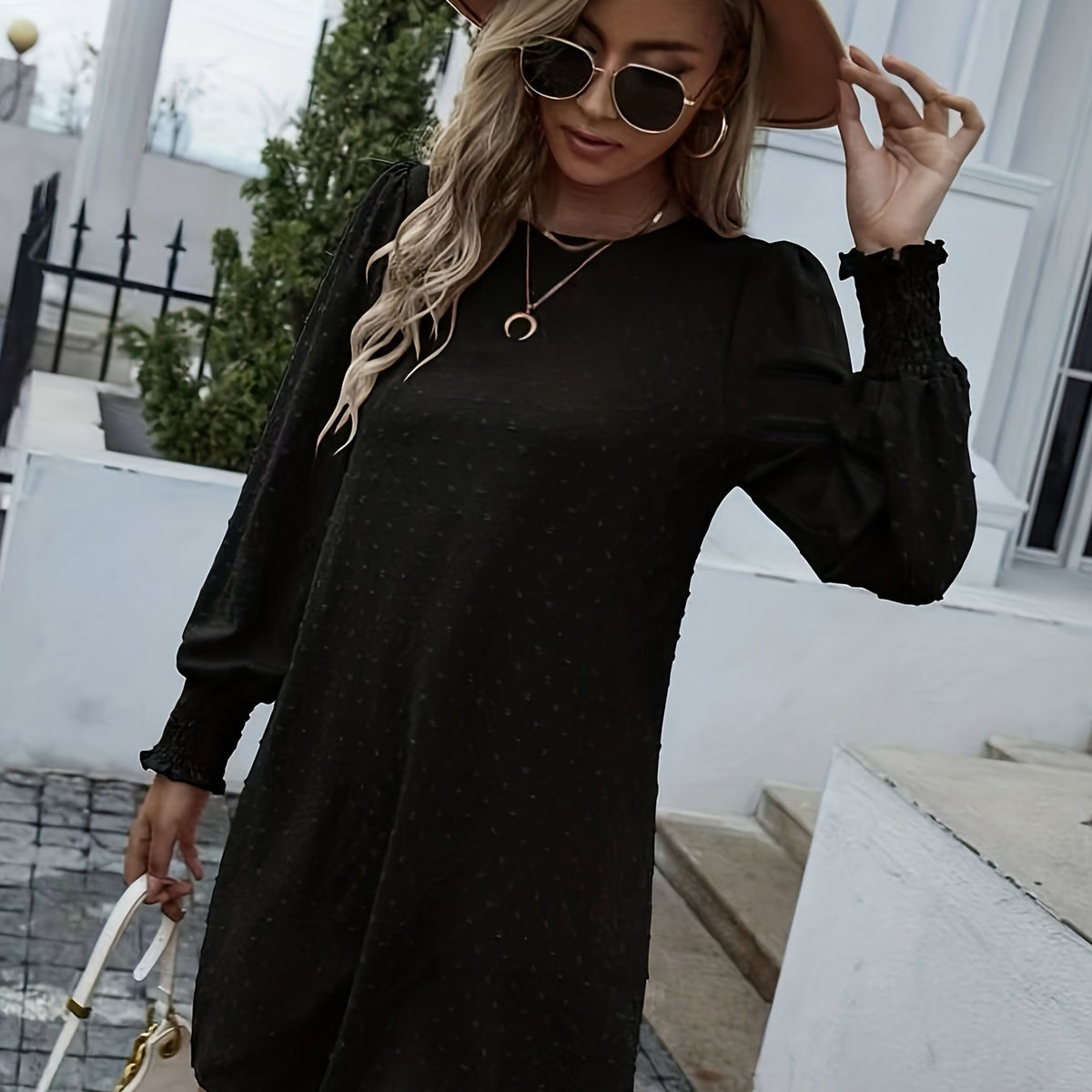 Keyhole Long Sleeve Crew Neck Dress Women's Clothing