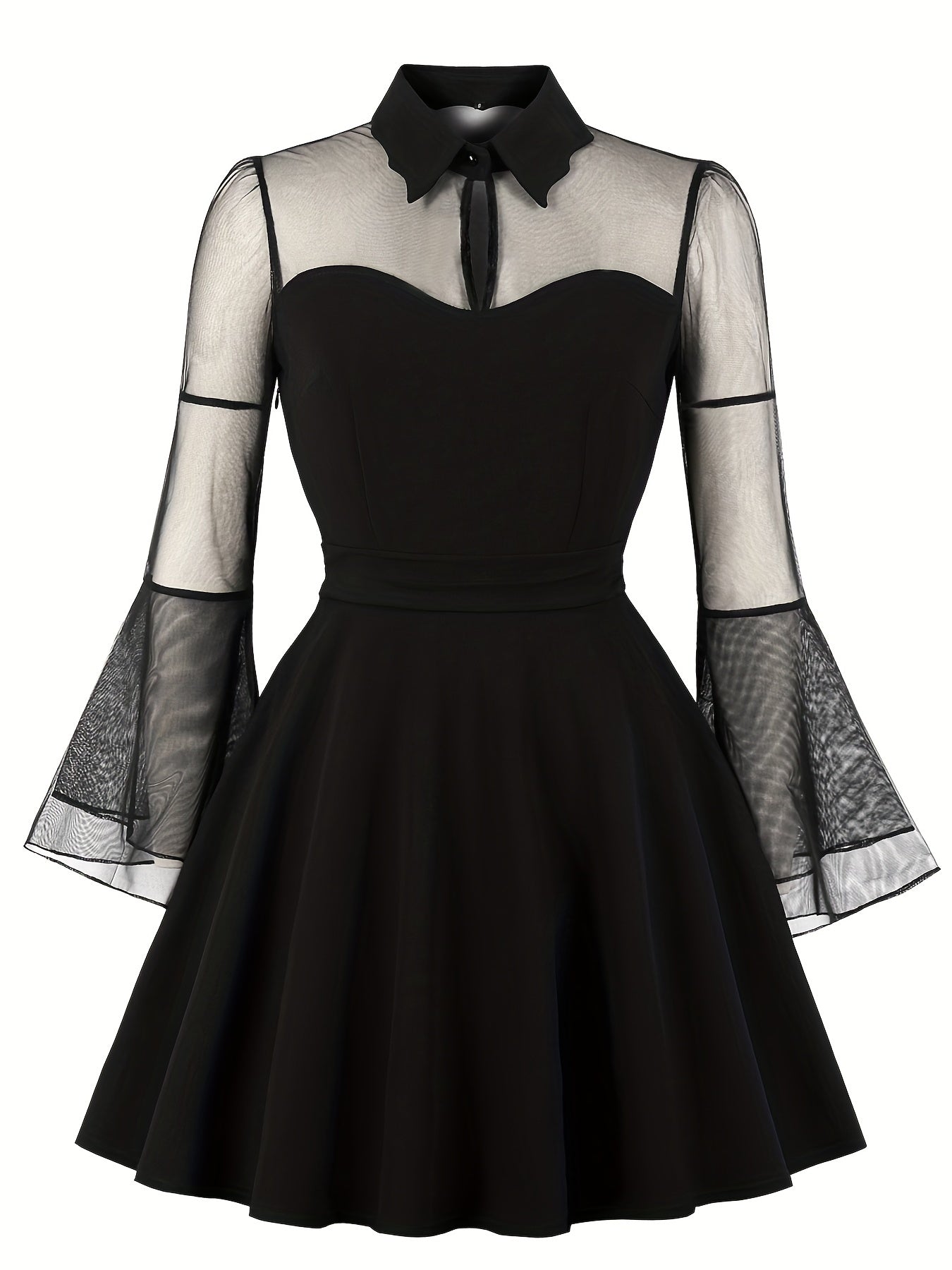  Contrast Mesh Sleeve Polo Neck Dress