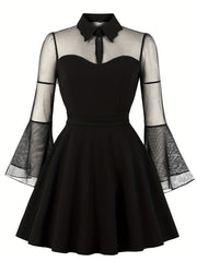  Contrast Mesh Sleeve Polo Neck Dress
