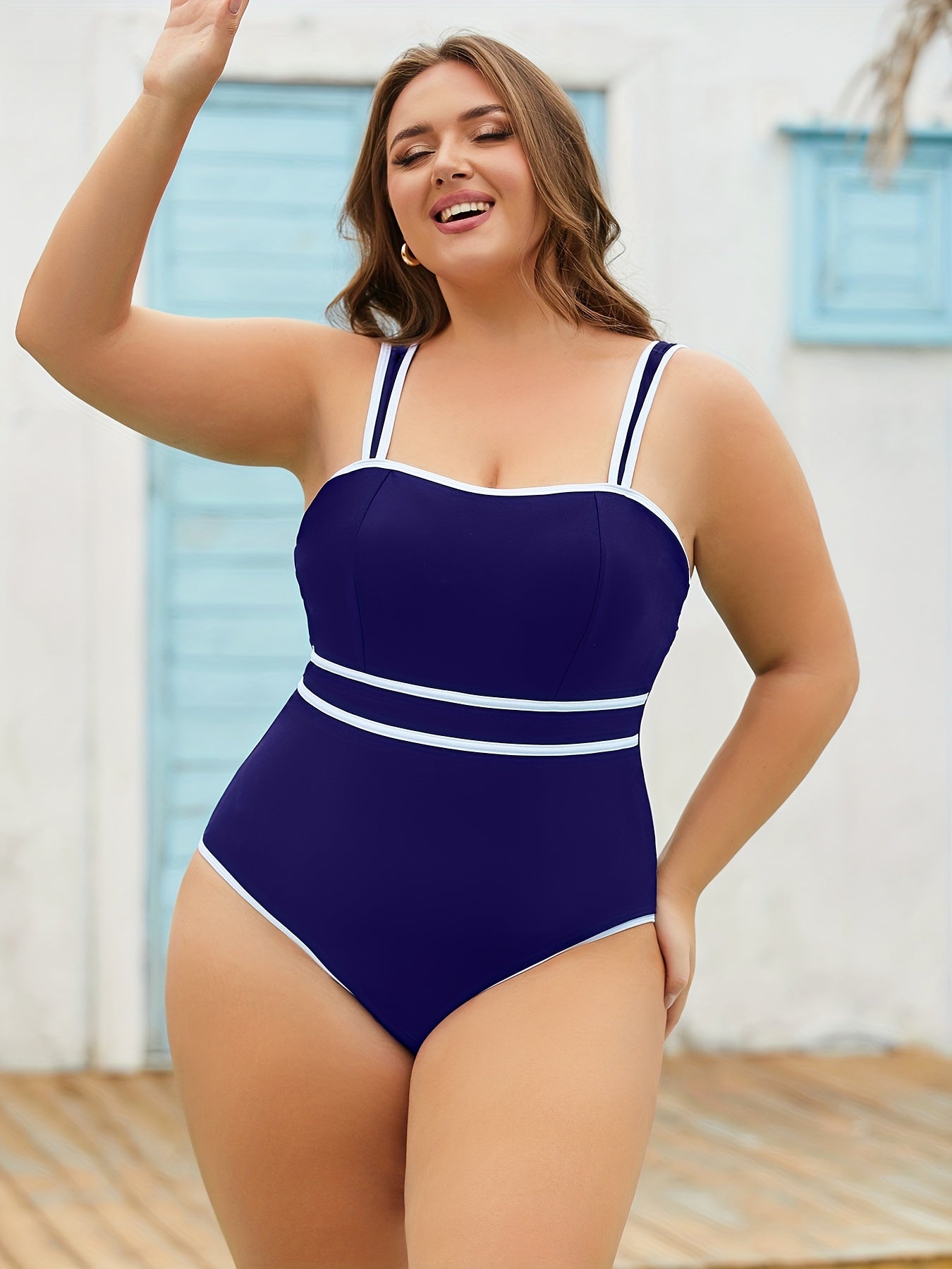  Colorblock Square Neck One Piece Swimsuit