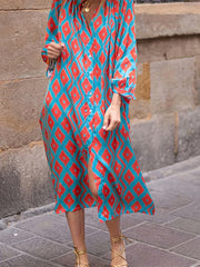 Boho Dress Women's Argyle Print Long Sleeve Shirt Dress