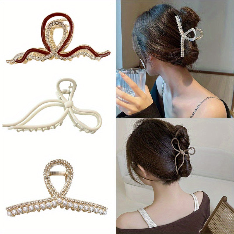 3pcs Twist Rhinestone Hair Claw Faux Pearl Hair Claw Matte Style Hair Claw Set
