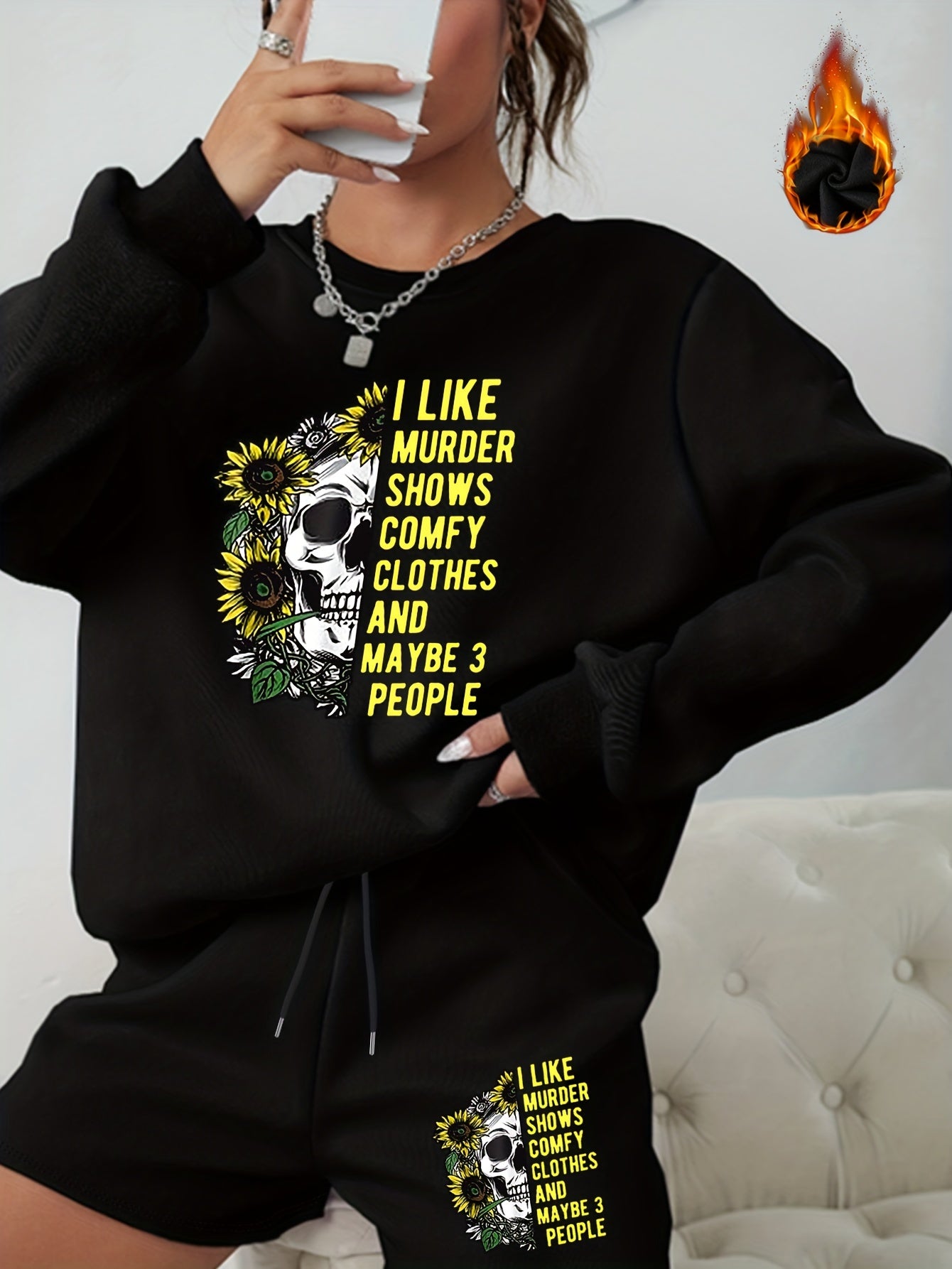 Halloween Graphic Print Sweatshirt & Shorts 2pcs Set