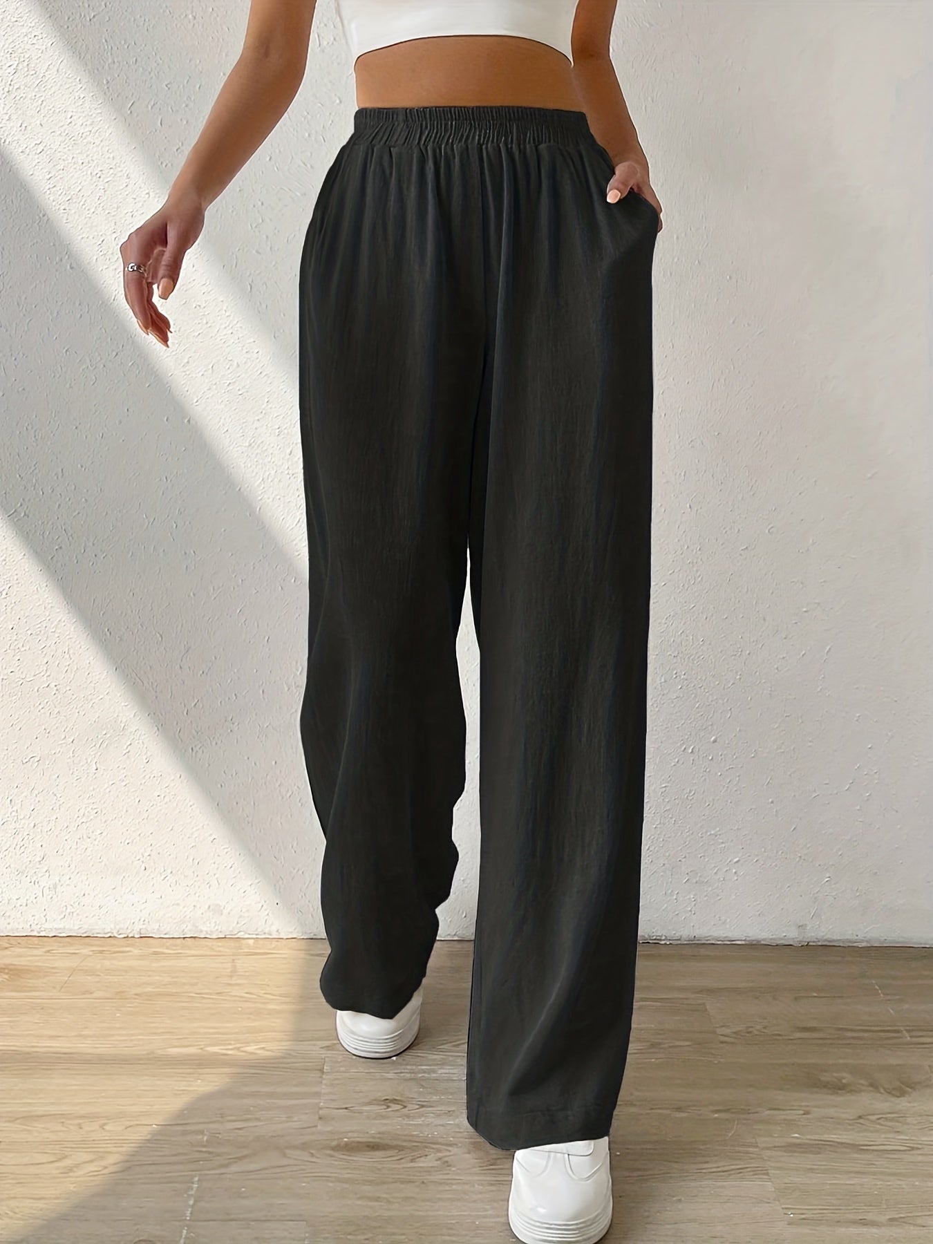 Women's Plus Solid Wide Leg Trousers High Rise Pockets