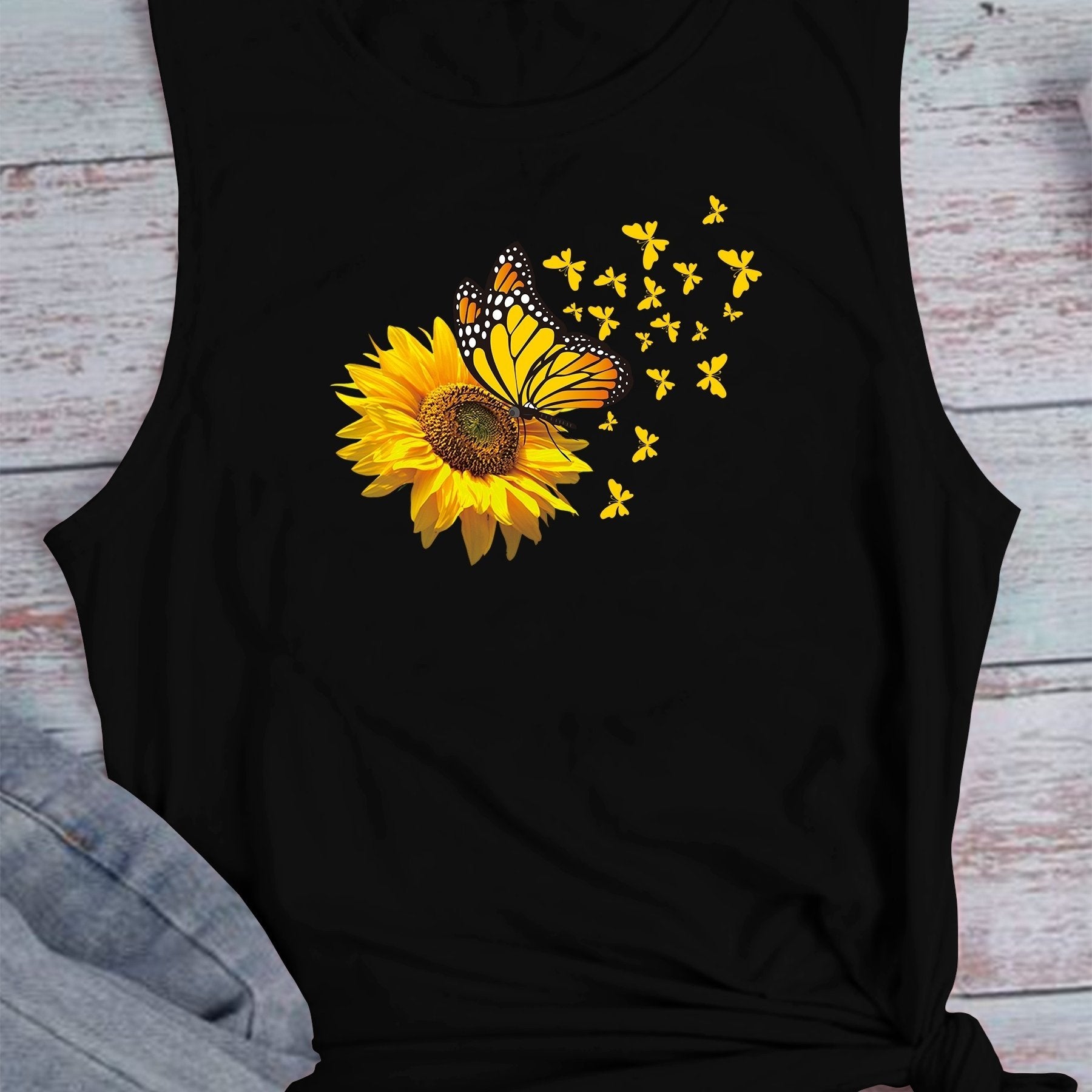 Sunflower & Butterfly Tank Top Sleeveless Crew Neck Casual Top