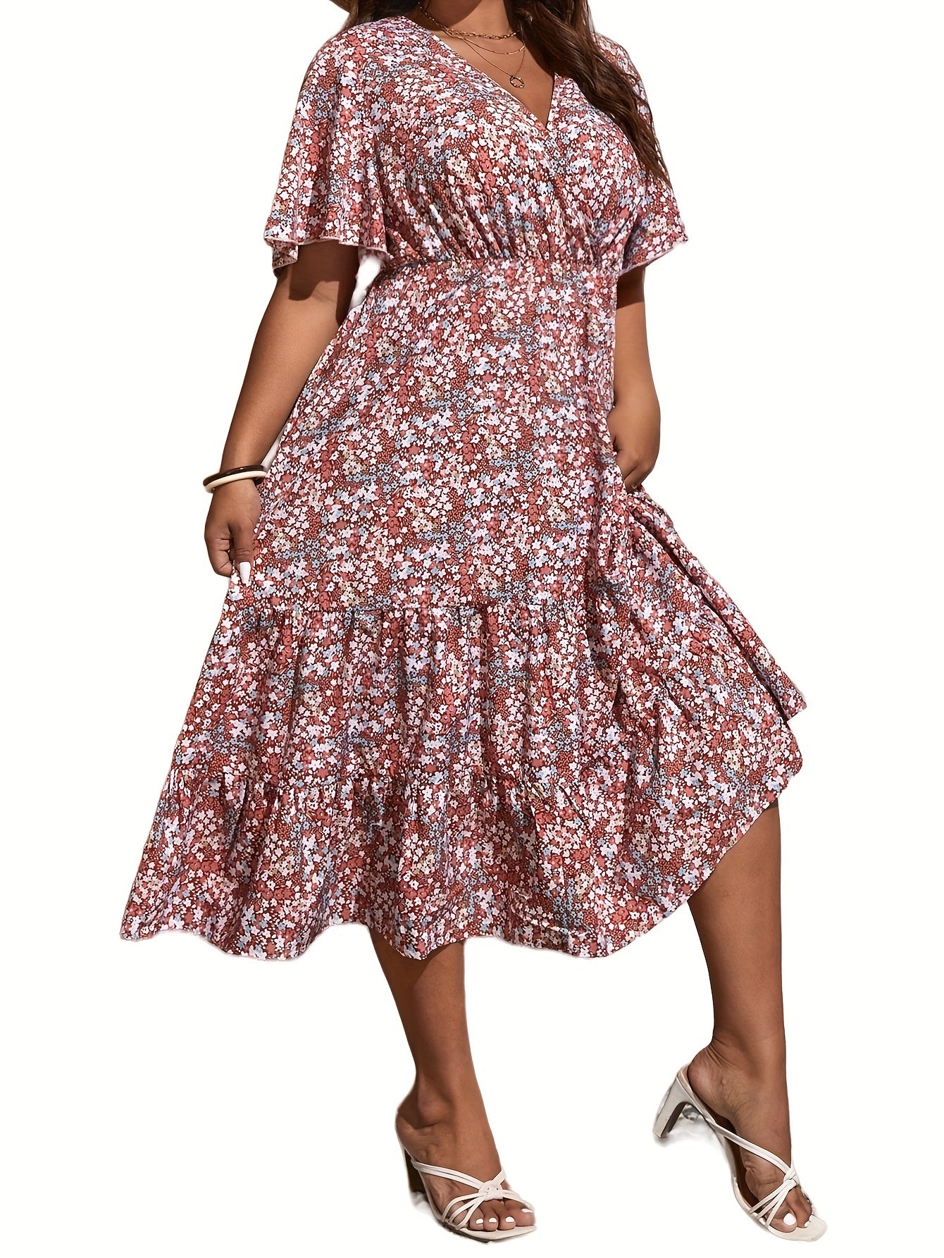  Ditsy Floral Print Ruffle Sleeve Dress