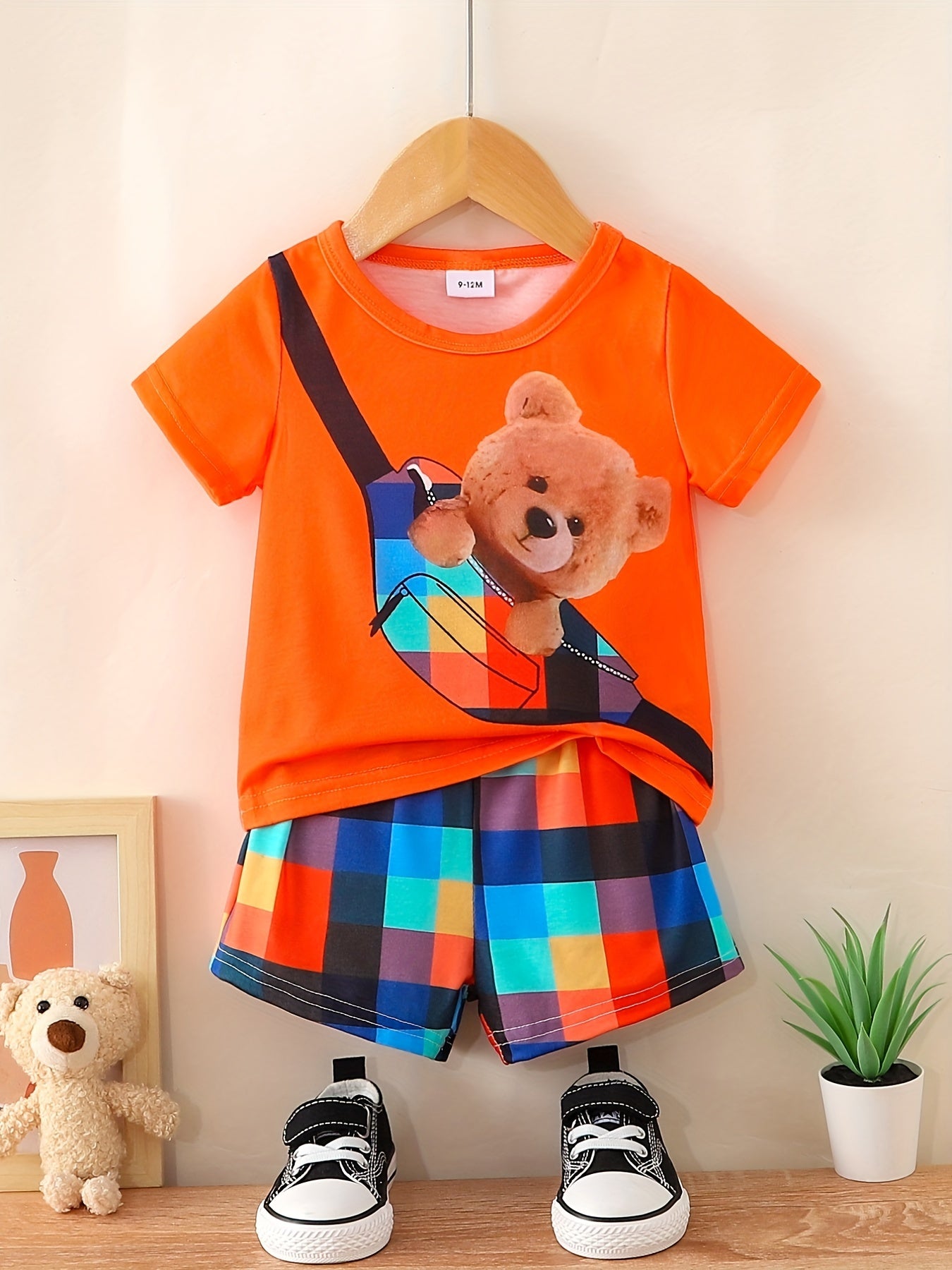 Preppy Kids Bear Graphic T-shirt & Plaid Shorts Set