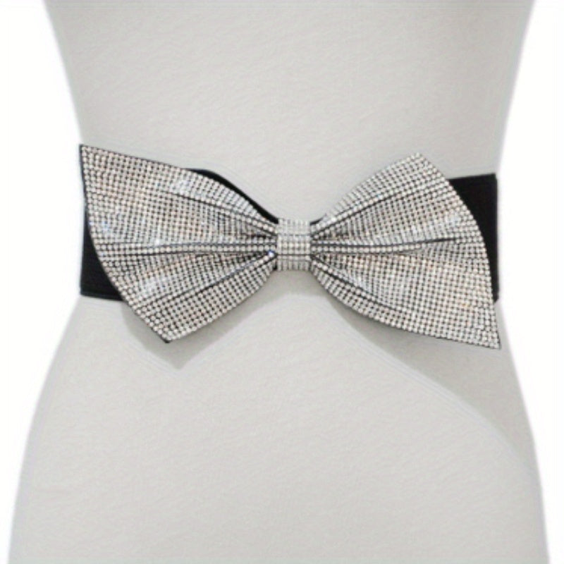 Rhinestone Bow Wide Belt Elastic Waistband Dress Girdle For Women