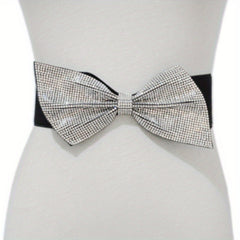 Rhinestone Bow Wide Belt Elastic Waistband Dress Girdle For Women