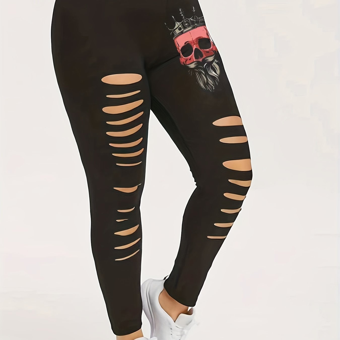  Halloween Skull Print Cut Out Elastic Leggings