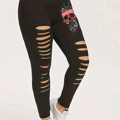  Halloween Skull Print Cut Out Elastic Leggings