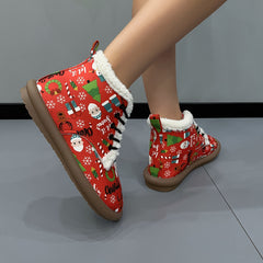 Women's Lace-Up Christmas Snow Boots Fleece-Lined Thermal Ankle Boots