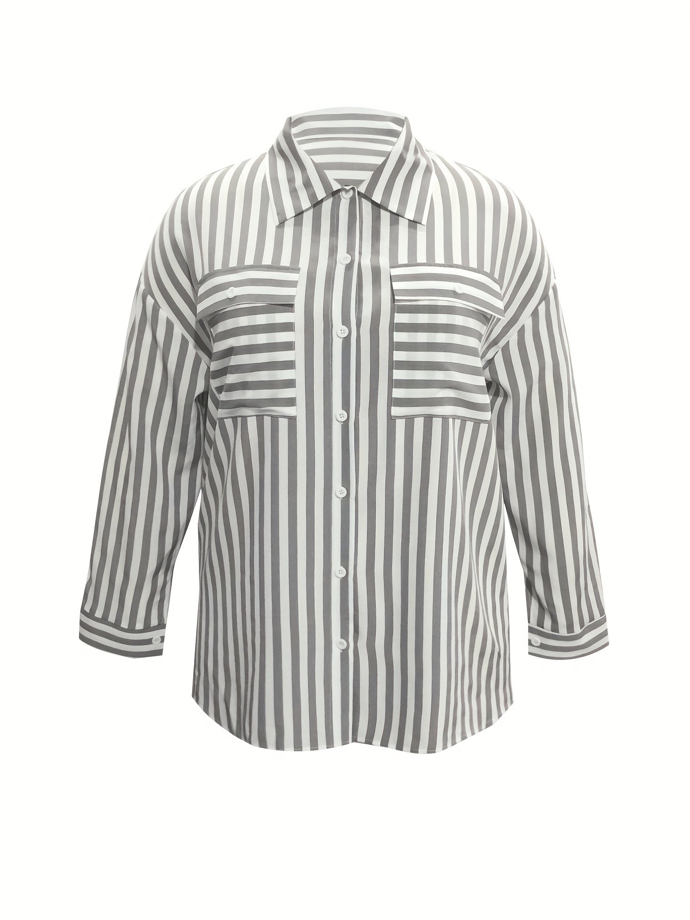  Stripe Print Long Sleeve Button Up Blouse