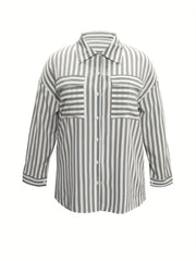  Stripe Print Long Sleeve Button Up Blouse