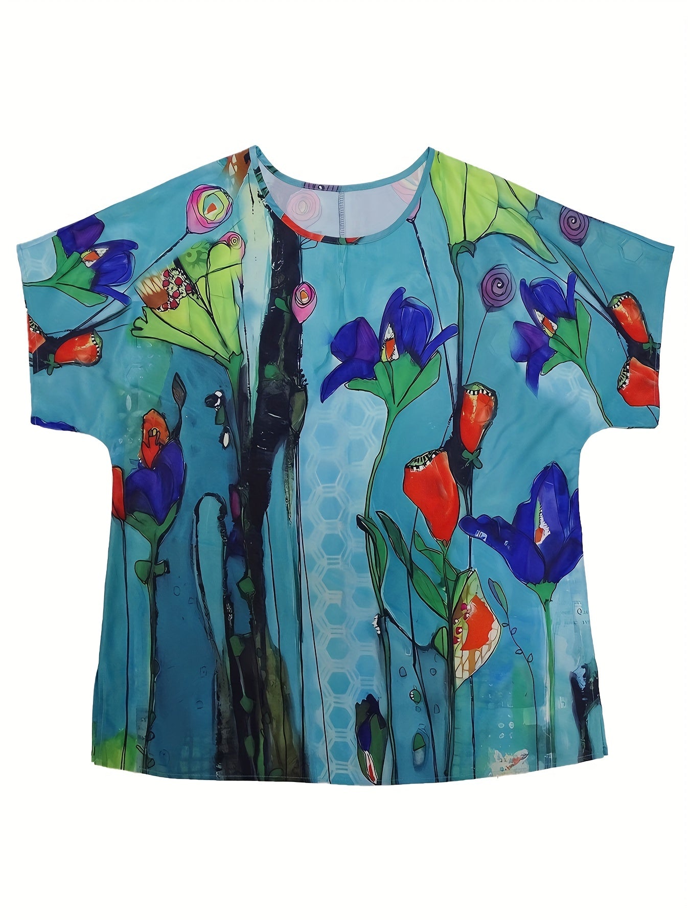  Floral Print Short Sleeve Split Blouse