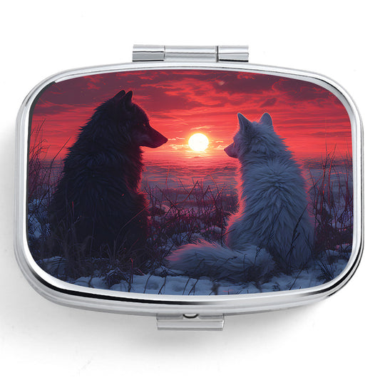 Dual Wolf Pill Organizer 2 Compartment Medicine Case Portable Metal Box