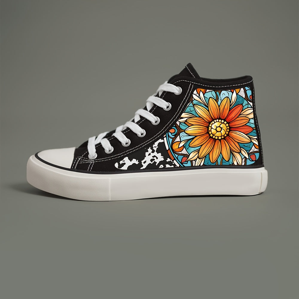 Flower Print Chunky Canvas Sneakers Plush Lined Thermal