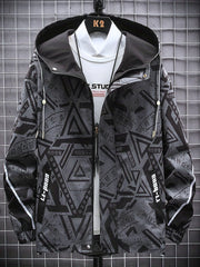 Geometric Pattern Hooded Windbreaker Jacket Men's Zip Up Jacket