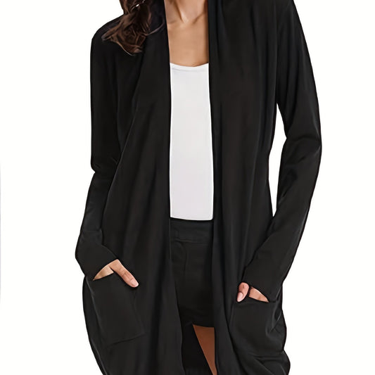  Solid Long Sleeve Open Front Cardigan With Pockets