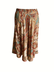  Boho Maxi Skirt Paisley Floral Print Drawstring Elastic High Rise