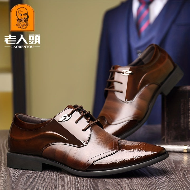 LAORENTOU Men's Croc Embossed Derby Shoes British Style Pointed Toe Oxfords