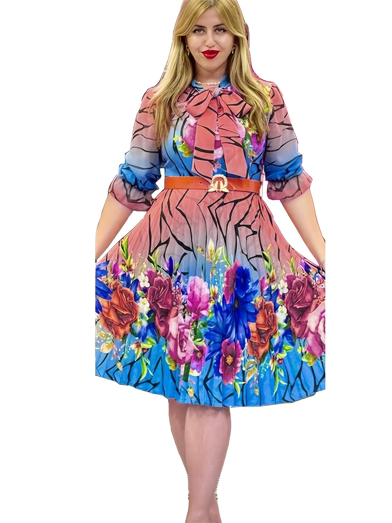 Floral Print Bow Tie Half Sleeve Midi Dress Women's Plus Size