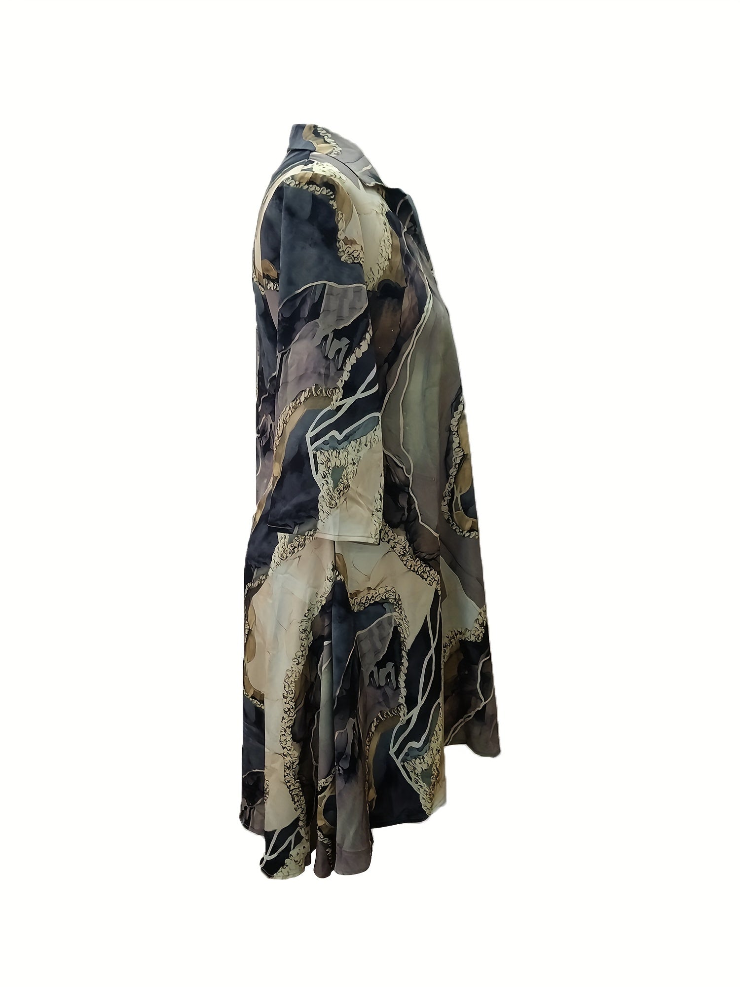  Marble Print Half Sleeve V Neck Dress With Pockets