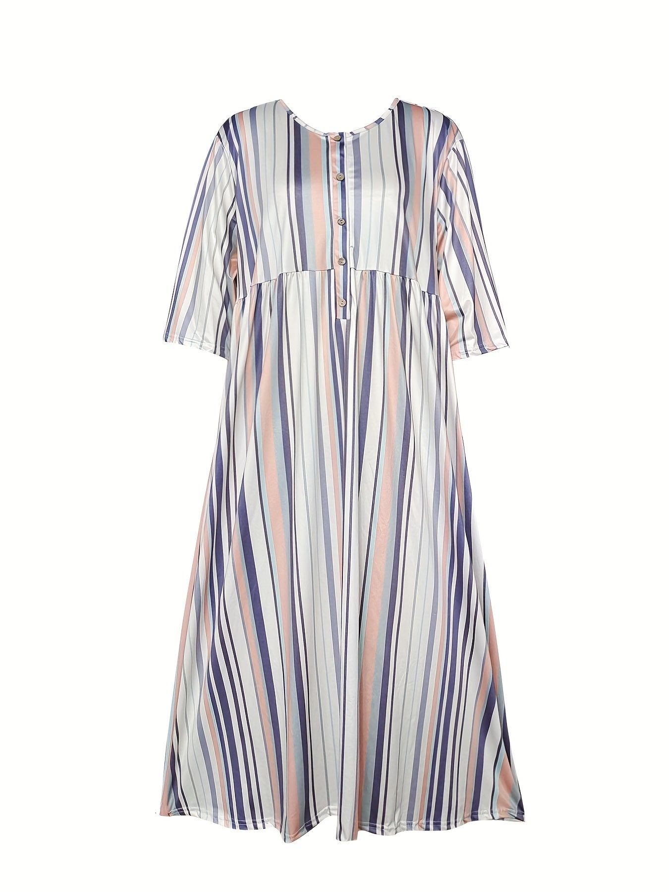  Stripe Print Ruched V Neck Short Sleeve Dress
