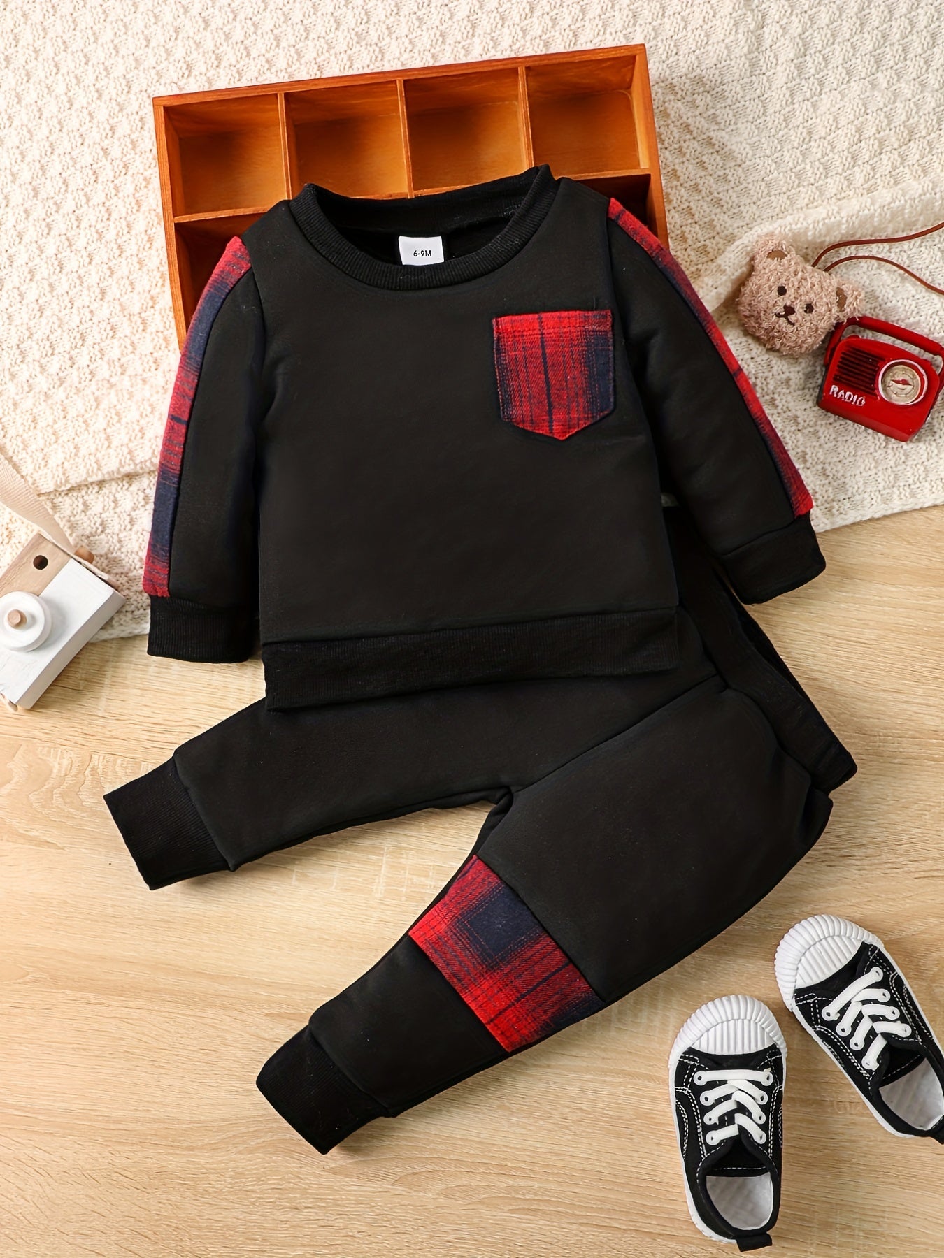 Baby Boy Plaid Long sleeved Top Trousers 2pcs Set
