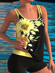  Sunflower Print Tankini Set - Top & Shorts