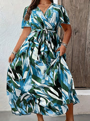 Allover Print Short Sleeve Maxi Dress With Belt