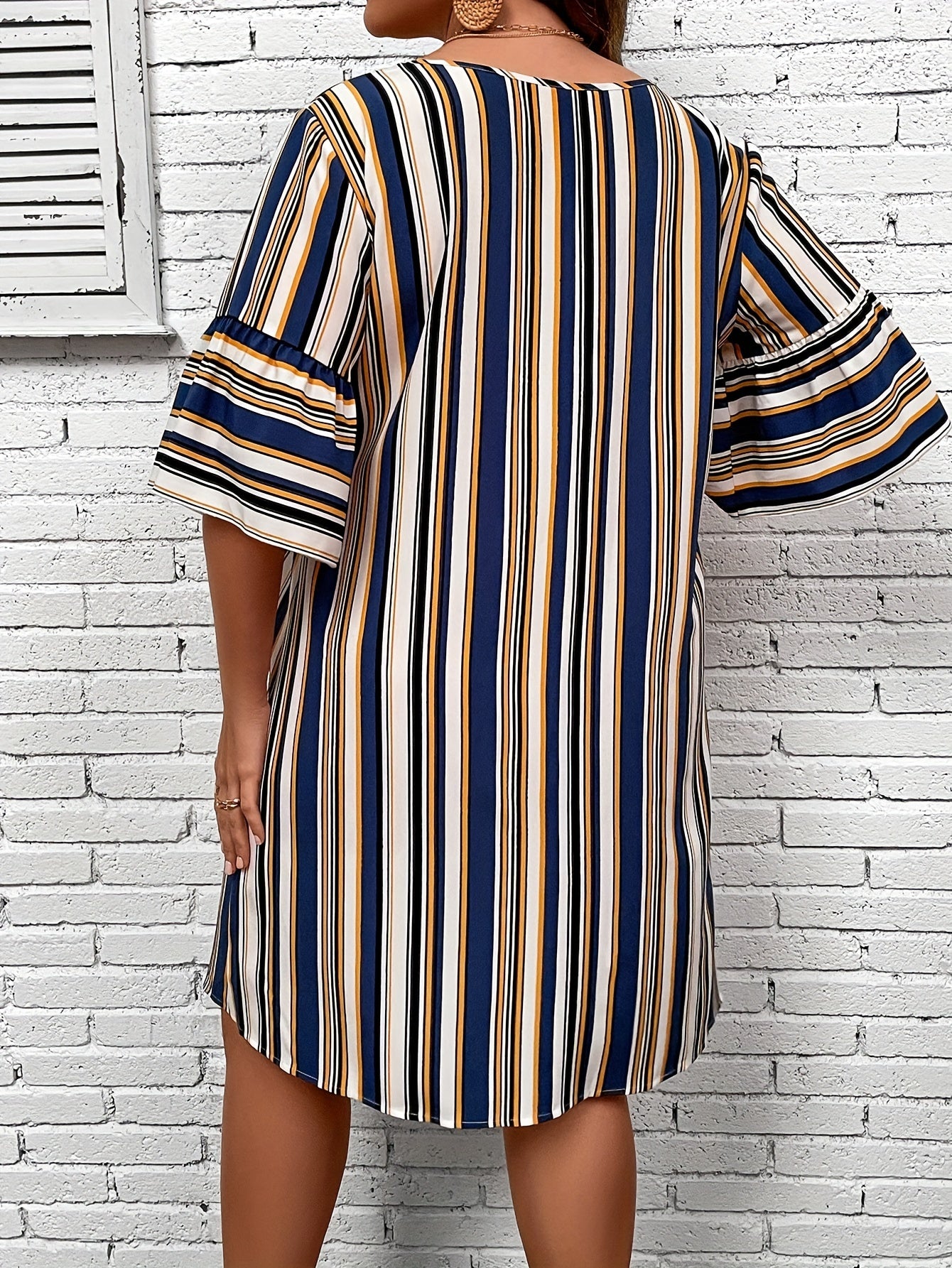  Stripe Print Half Sleeve Loose Fit Mini Dress