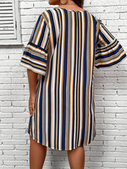  Stripe Print Half Sleeve Loose Fit Mini Dress