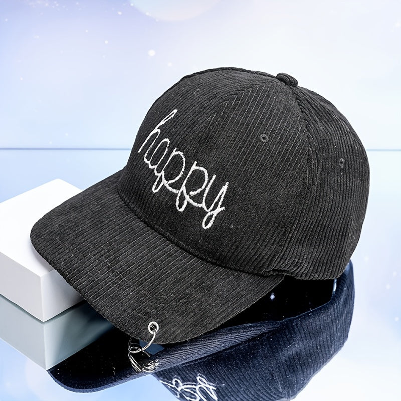 HAPPY Embroidery Corduroy Baseball Cap with Iron Ring