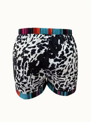  Casual Shorts Women's Plus Cow Print Contrast Ombre Trim Medium Stretc