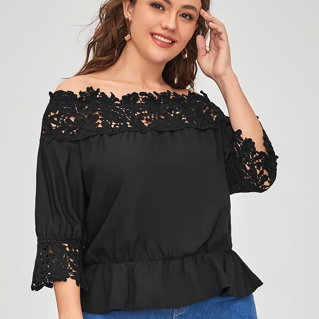 Blouse Women's Plus Contrast Lace Off Shoulder Top