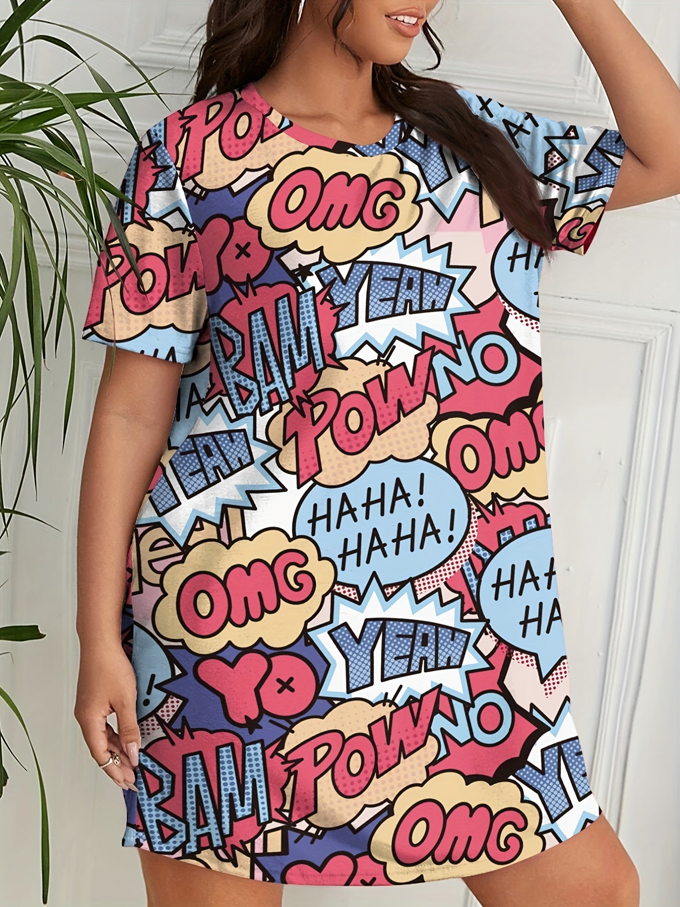  Pop Art Print Round Neck Sleep Dress