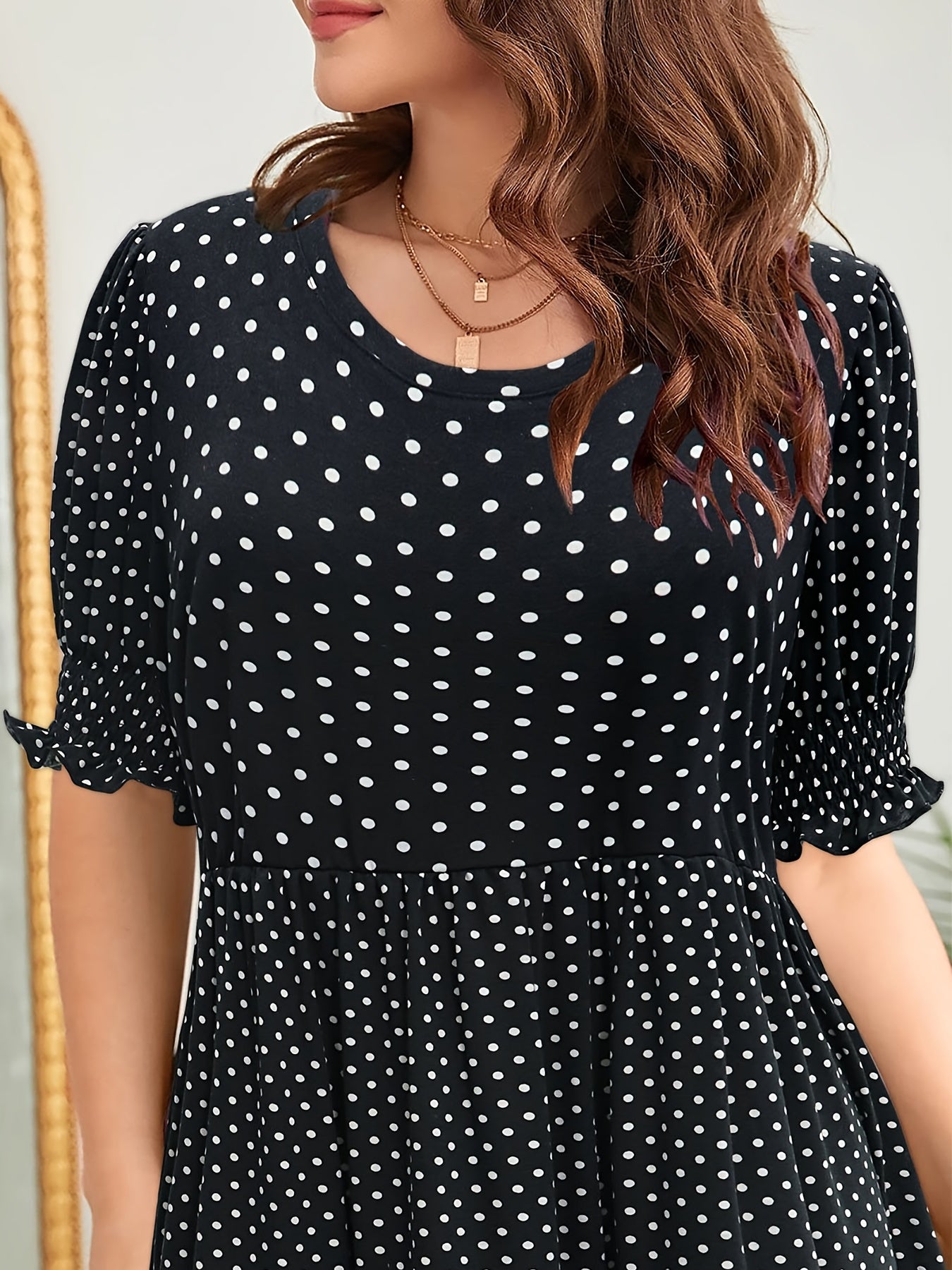  Dot Print Short Sleeve Layered Midi Dress Women's Plus Retro Dress