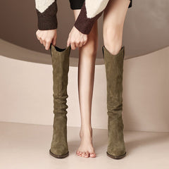 Women's V Mouth Slip On Boots Pointed Toe Faux Leather Knight Boots