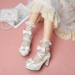 Women's Lace Lolita Pumps Heart Buckle High Heels