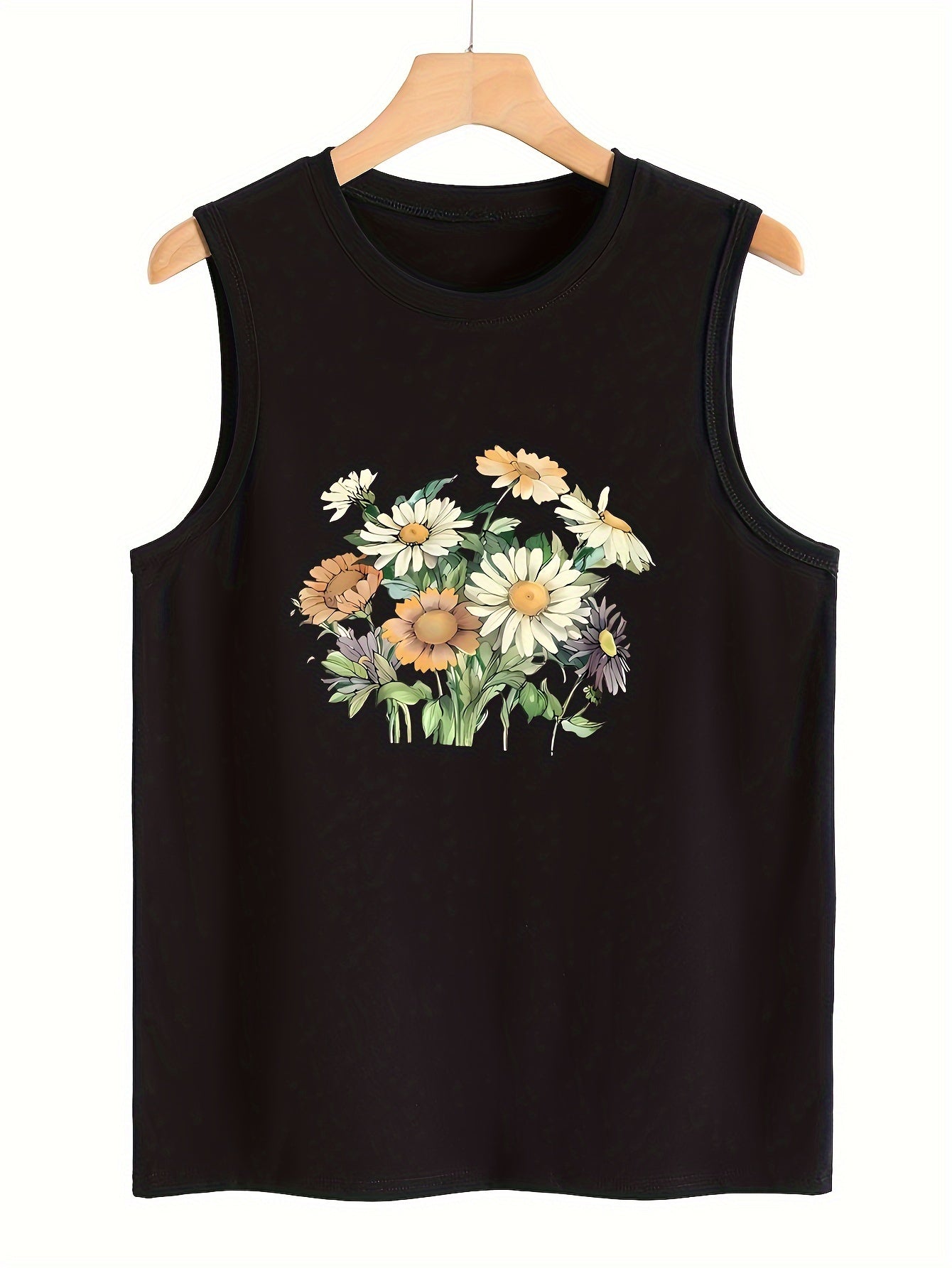 Sunflower Print Sleeveless Sports Vest Round Neck Stretchy Casual Tops