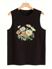 Sunflower Print Sleeveless Sports Vest Round Neck Stretchy Casual Tops