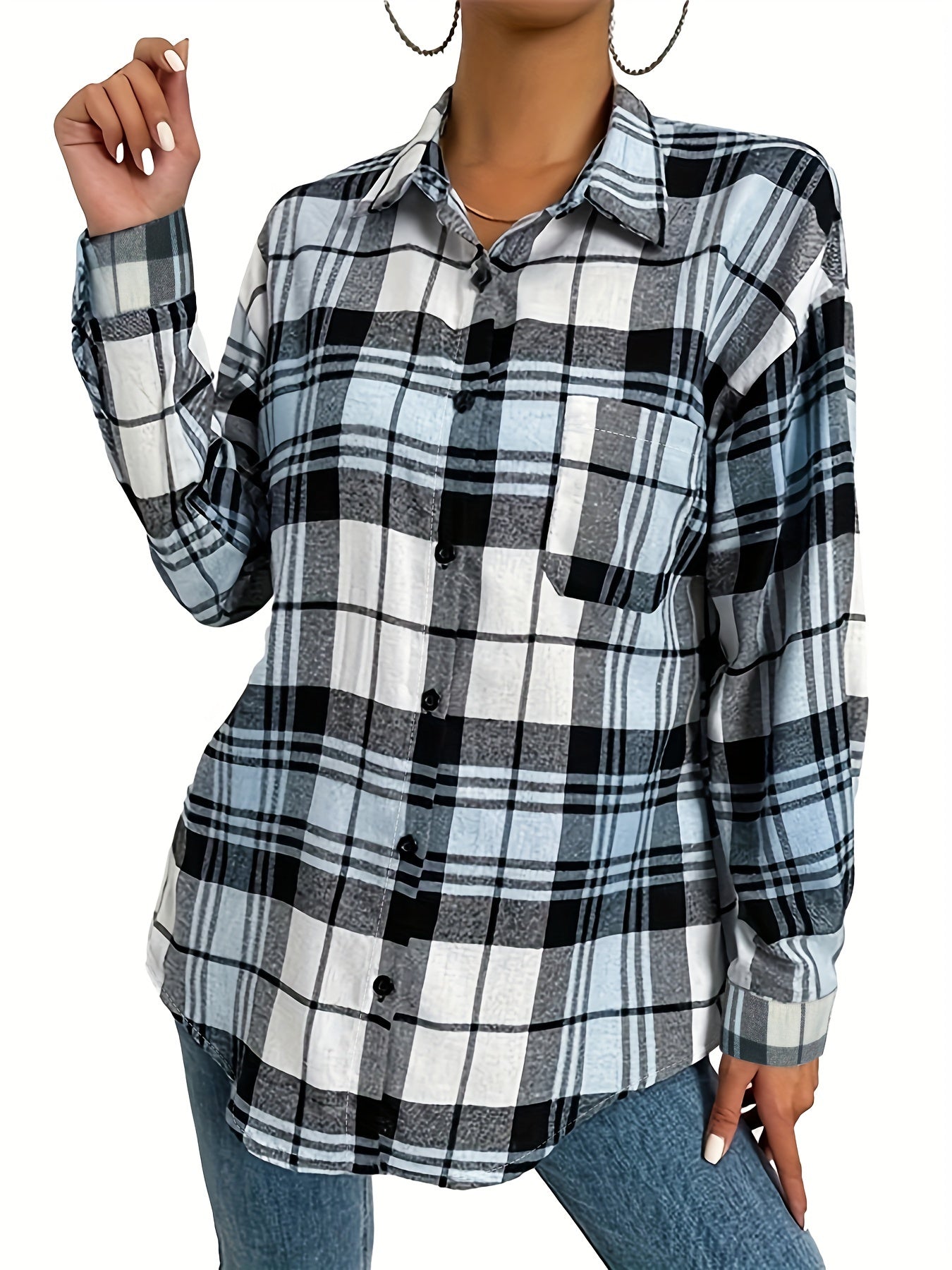  Plaid Print Long Sleeve Button Up Collar Shirt